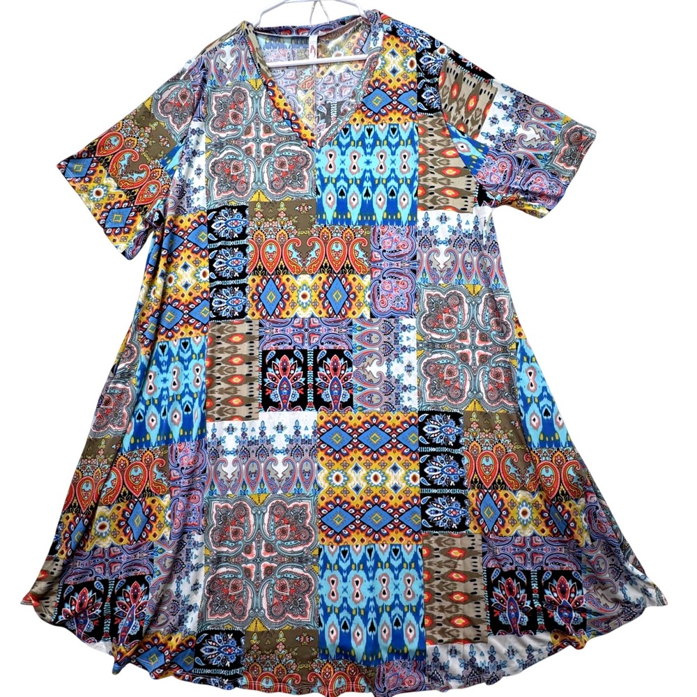 Curvy Sense Dress Womens 3XL Patchwork Paisley V-Neck Short Sleeve Stretch Boho